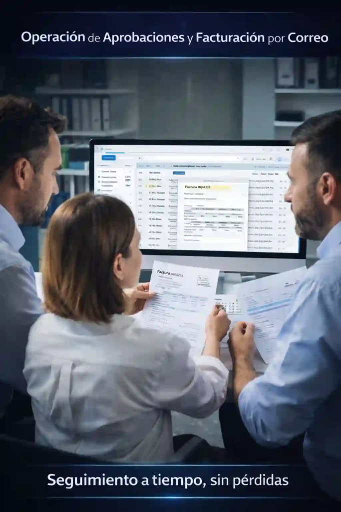 Imagen corporativa realista: equipo revisando bandeja de correo con documentos y pantalla de seguimiento de aprobaciones/facturas