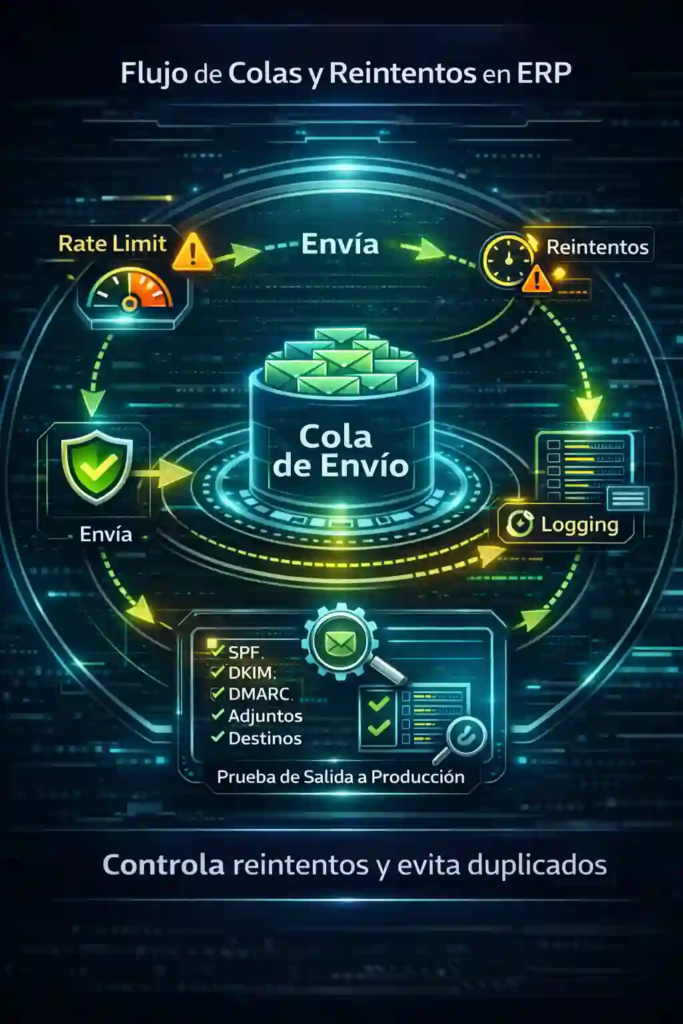colas y reintentos de correo transaccional para ERP con control