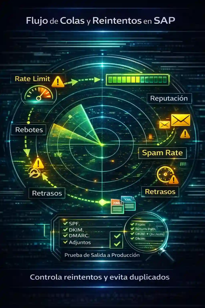 colas y reintentos de correo transaccional SAP con control