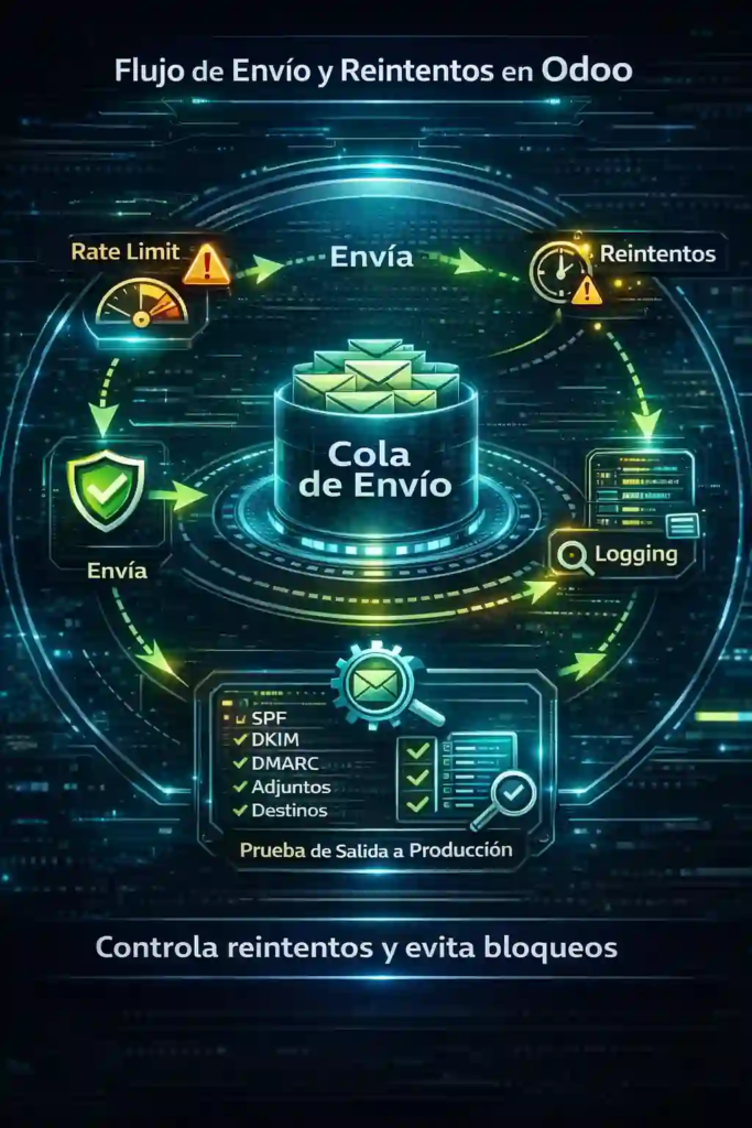 flujo de notificaciones por email en Odoo con colas y reintentos