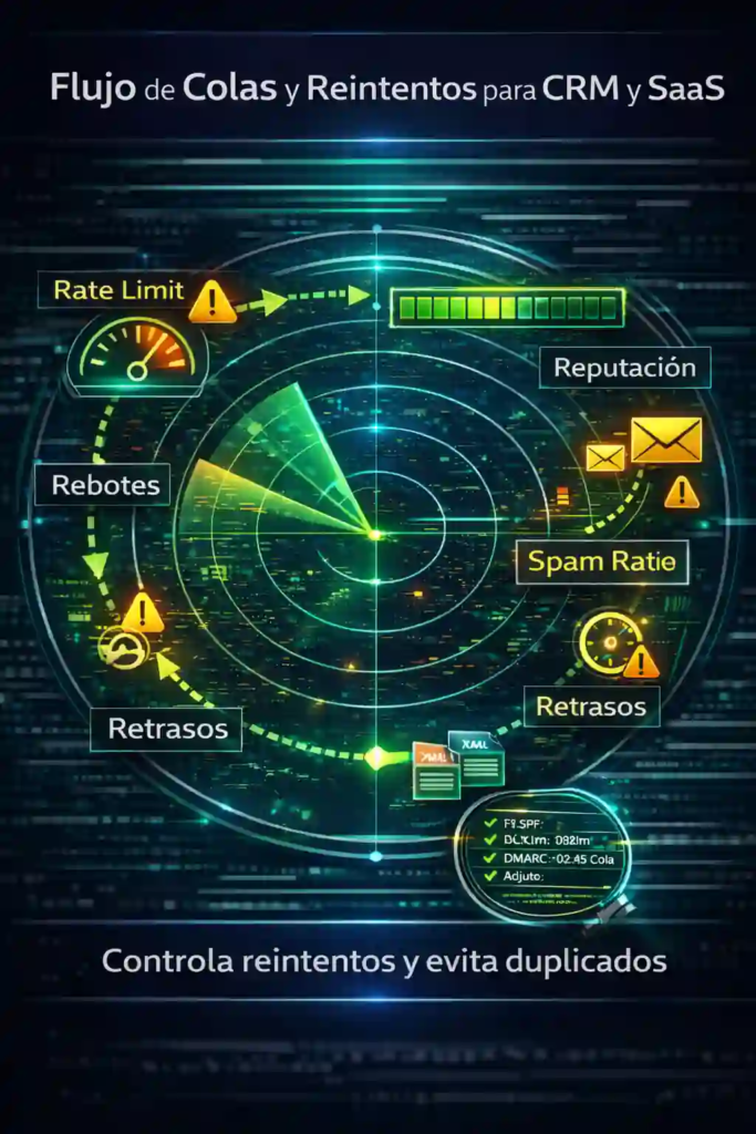 colas y reintentos en Correo Corporativo Configurable para CRM y SaaS con control