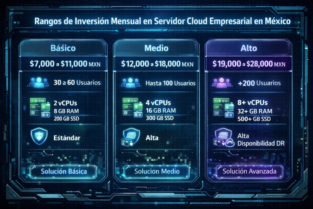 servidor cloud para sistemas empresariales en México con comparativa de rangos básico medio y alto