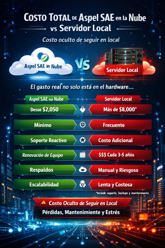 costo total de Aspel SAE en la nube frente a servidor local con soporte, respaldos y tiempo perdido