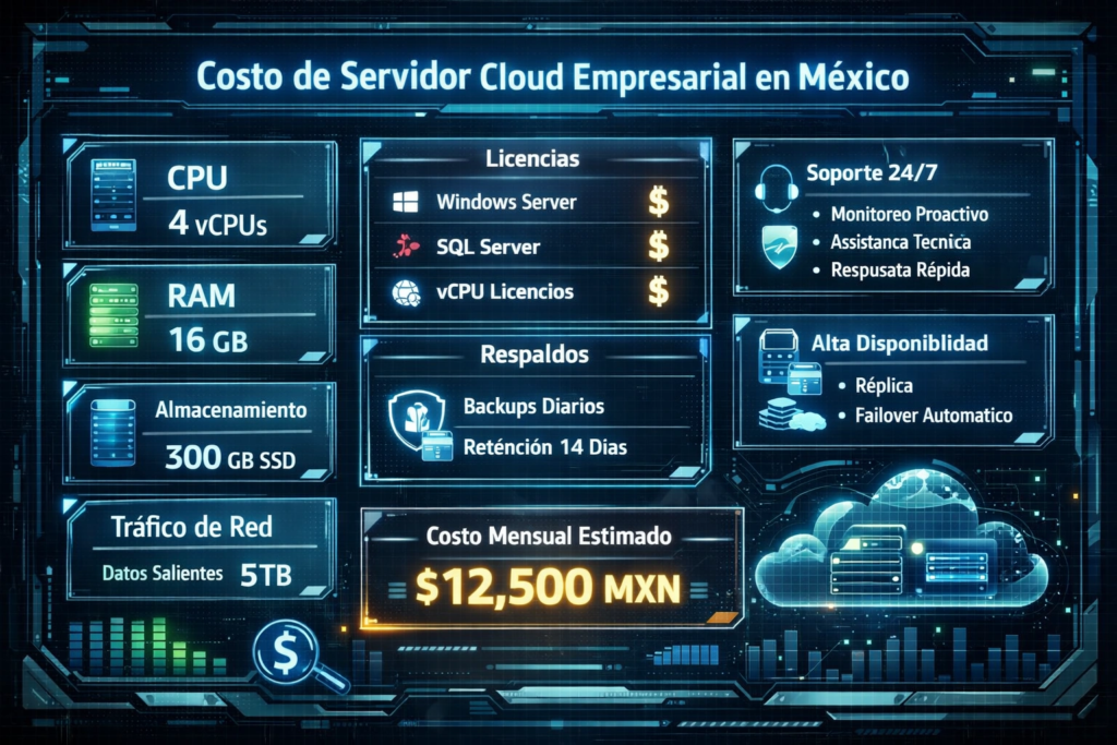 servidor cloud para sistemas empresariales en México con panel de costos y recursos