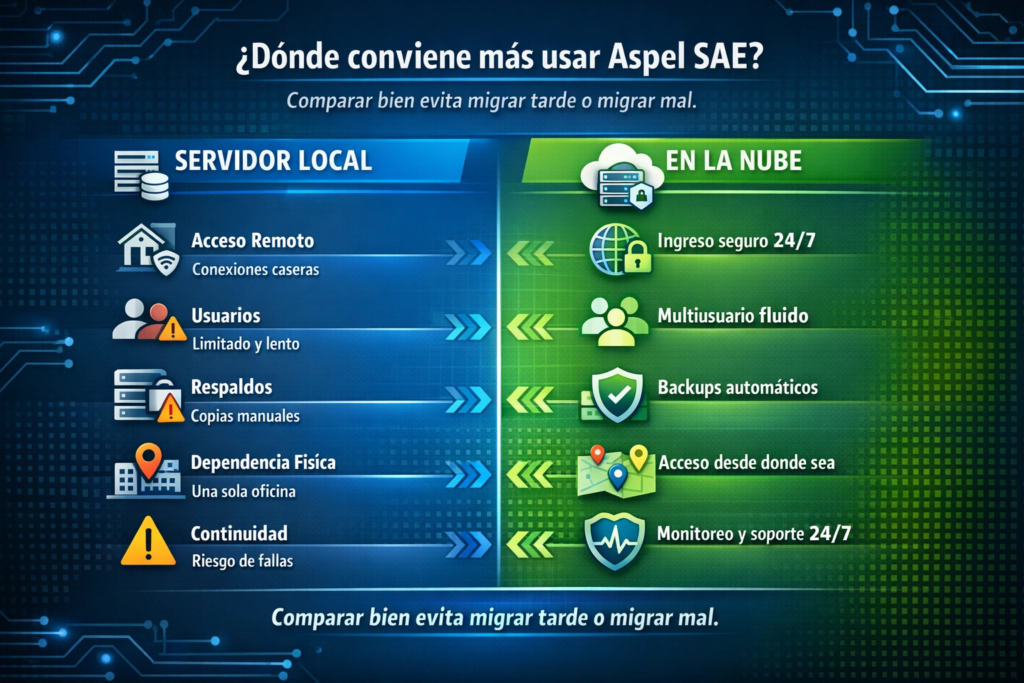 mover Aspel SAE en la nube frente a servidor local con comparativa de acceso remoto, continuidad y usuarios