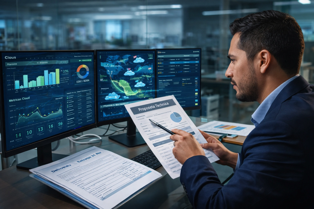 equipo administrativo analizando infraestructura cloud para sistema empresarial