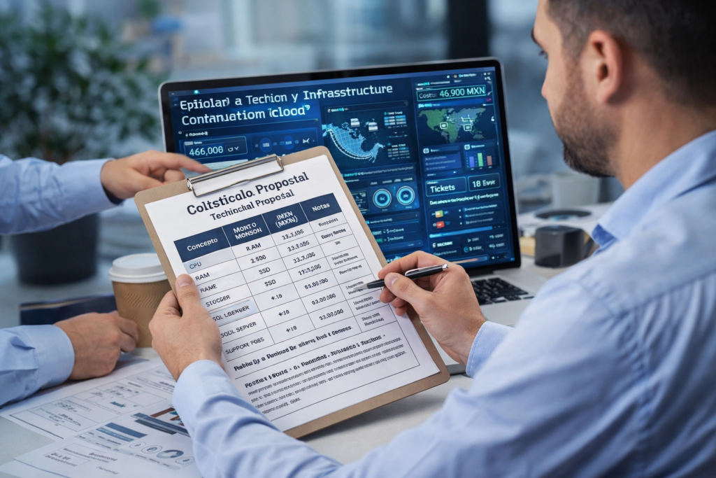 equipo revisando propuesta técnica y costos de infraestructura cloud