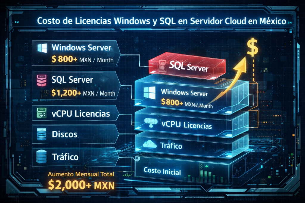 costo de licencias Windows y SQL en servidor cloud empresarial en México