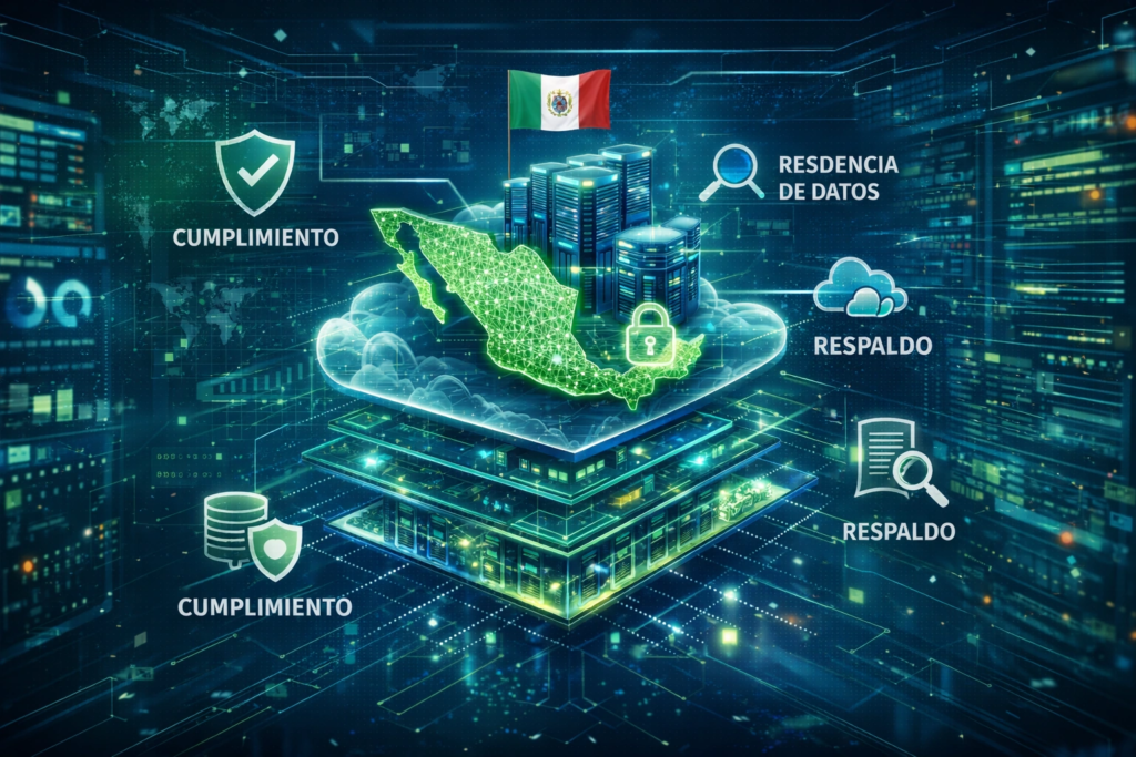 servidor cloud en México vs USA con panel comparativo de latencia y operación empresarial