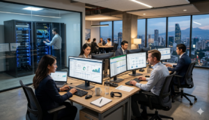 Usuarios trabajando en sistemas empresariales centralizados