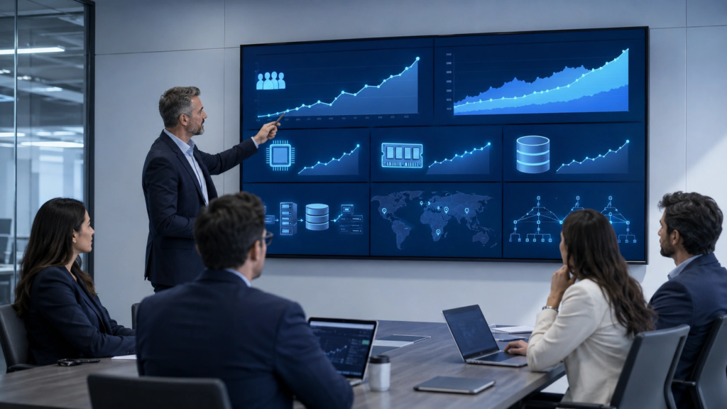 equipo empresarial analizando recursos y crecimiento de su infraestructura cloud