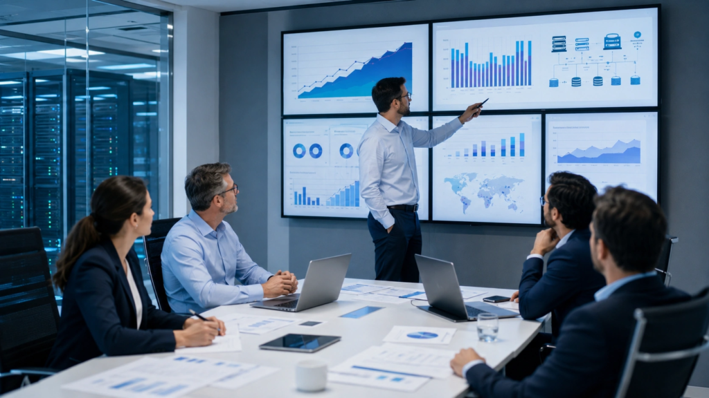 equipo directivo analizando la infraestructura tecnológica necesaria para su ERP