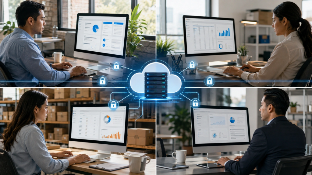 Personal de diferentes áreas conectado a un servidor Cloud VPS empresarial