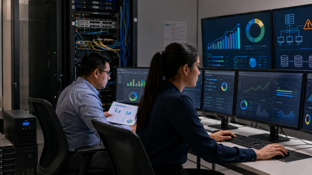 Especialistas revisando una base de datos alojada en un servidor local empresarial