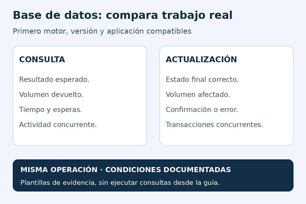 Comparación de dos fichas: consulta con resultado, volumen, tiempo y concurrencia; actualización con estado final, volumen afectado, confirmación y transacciones simultáneas.