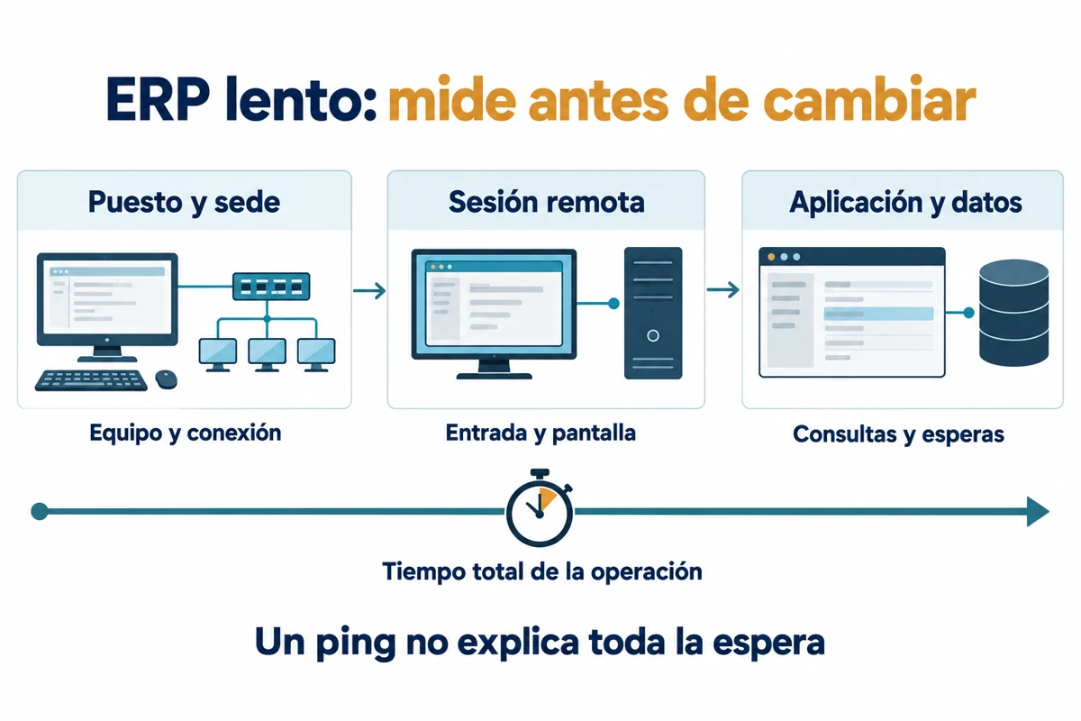 Tres capas de diagnóstico: puesto y sede, sesión remota, aplicación y datos; el tiempo total de la operación atraviesa el conjunto