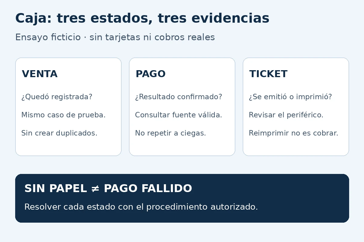 Tres estados que deben comprobarse por separado en una caja: venta registrada, pago confirmado por el medio de prueba y ticket emitido; una impresora sin papel no demuestra que el pago falló.