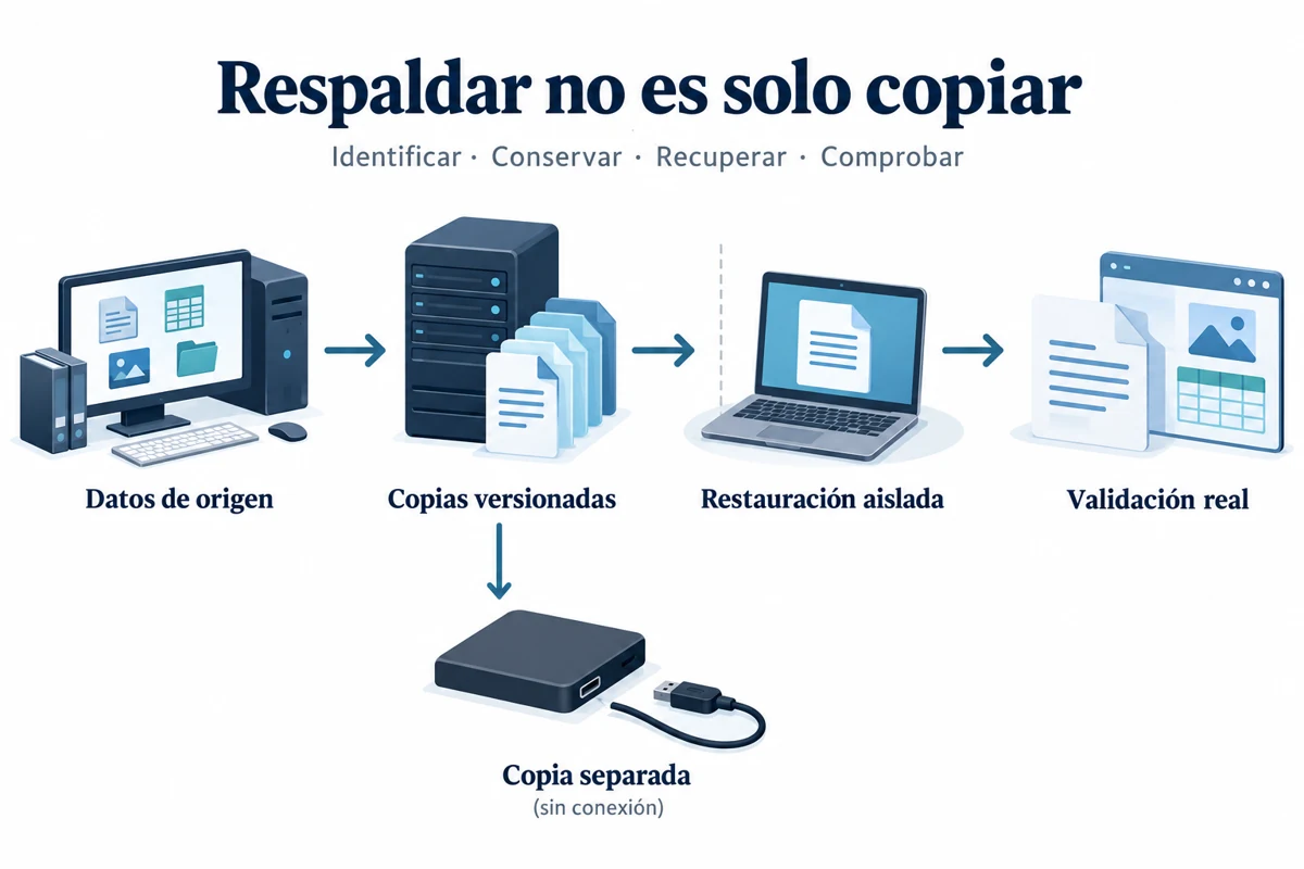 Proceso conceptual desde datos de origen a copias versionadas, restauración aislada y validación, con una copia separada sin conexión